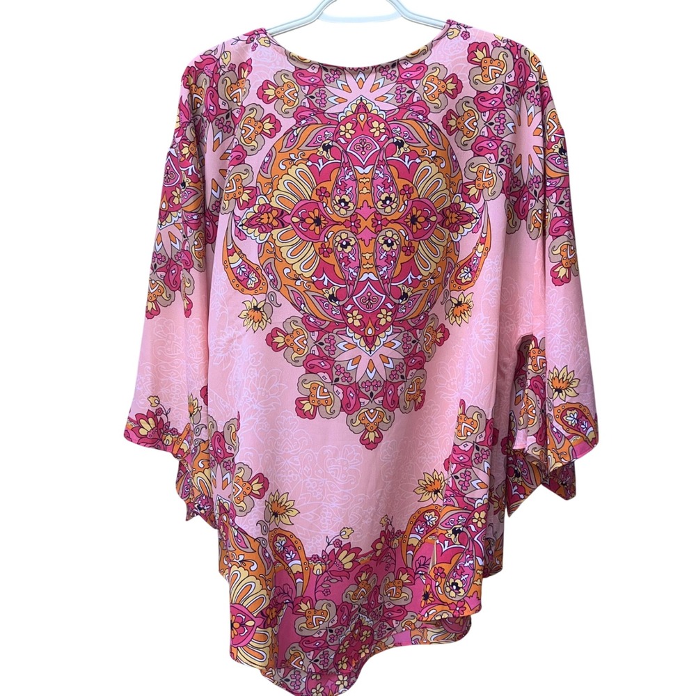 Ruby Rd Pink Orange Paisley Medallion Kimono Sleeve Blouse relaxed lightweight - Picture 2 of 5